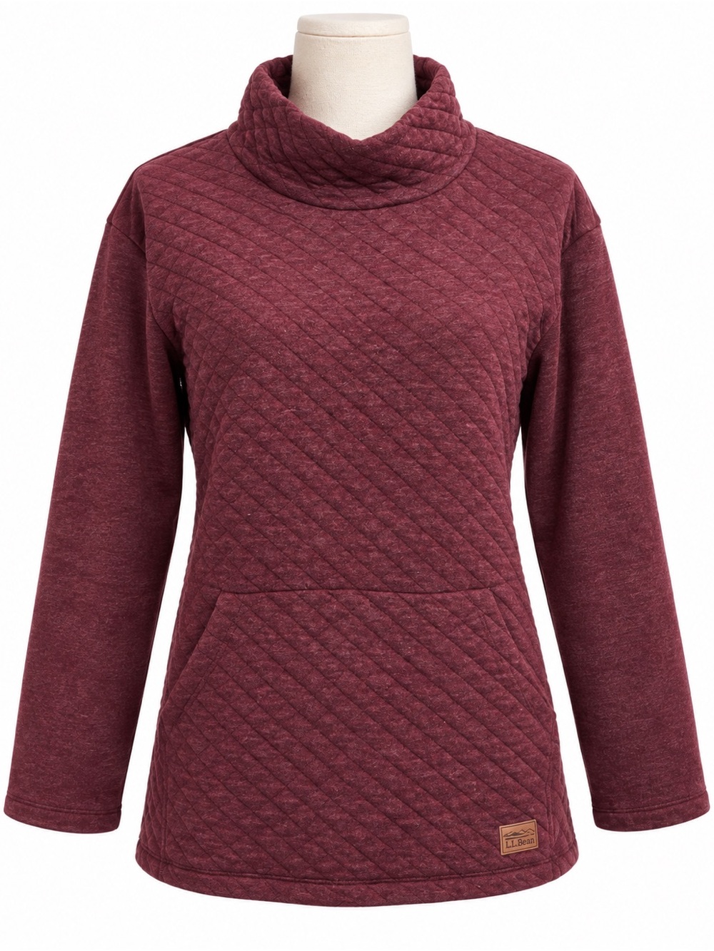 L.L.Bean Quilted Cowl Neck Pullover Medium Burgundy Kangaroo Pocket
